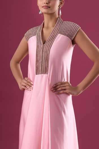 Amit Aggarwal_Pink Chiffon Beads V-neck Placed Embroidered Maxi Dress _Online_at_Aza_Fashions