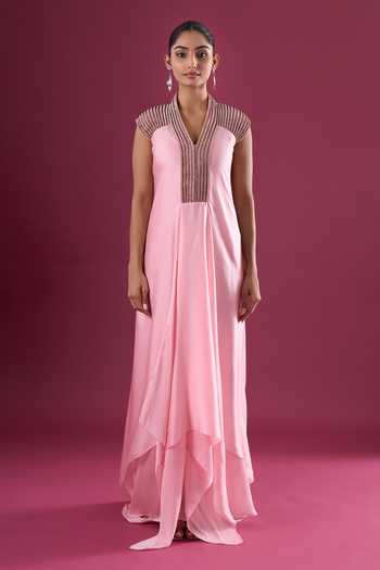 Buy_Amit Aggarwal_Pink Chiffon Beads V-neck Placed Embroidered Maxi Dress _Online_at_Aza_Fashions
