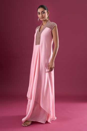 Shop_Amit Aggarwal_Pink Chiffon Beads V-neck Placed Embroidered Maxi Dress _Online_at_Aza_Fashions