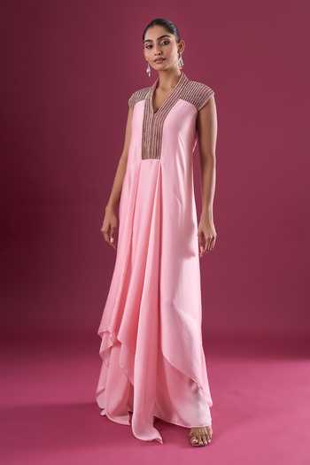 Amit Aggarwal_Pink Chiffon Beads V-neck Placed Embroidered Maxi Dress _at_Aza_Fashions