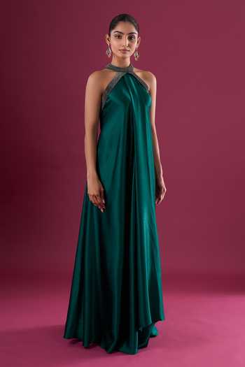 Shop_Amit Aggarwal_Emerald Green Satin, Chiffon Beads Halter , Choker Embroidered Dress _Online_at_Aza_Fashions