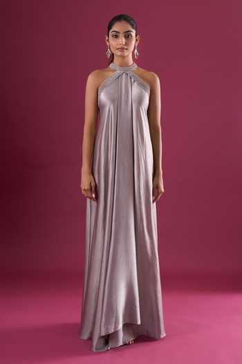 Amit Aggarwal_Grey Satin, Chiffon Beads Halter Neck Placed Embroidered Dress _Online_at_Aza_Fashions