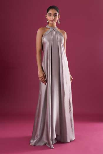 Amit Aggarwal_Grey Satin, Chiffon Beads Halter Neck Placed Embroidered Dress _at_Aza_Fashions