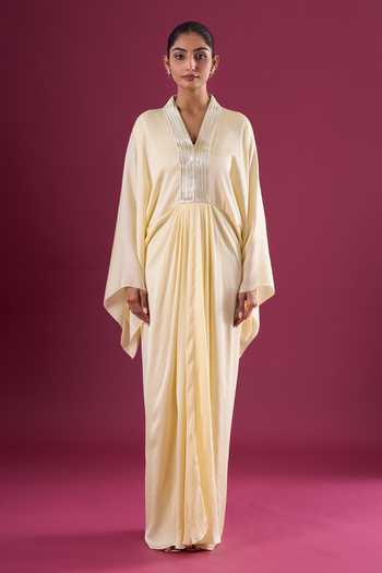 Amit Aggarwal_Yellow Chiffon Sequins V-neck Embellished Kaftan _Online_at_Aza_Fashions