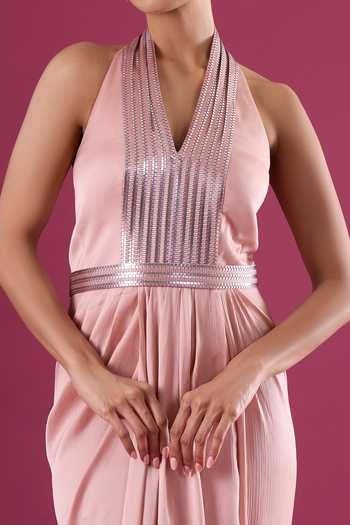 Buy_Amit Aggarwal_Blush Chiffon Sequins Halter Neck Yoke Embellished Dress 