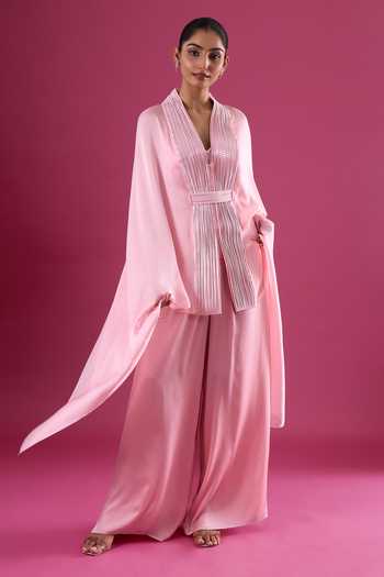 Shop_Amit Aggarwal_Pink Chiffon Placed Embellished Cape Pant Set _Online_at_Aza_Fashions