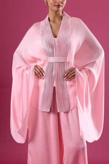 Buy_Amit Aggarwal_Pink Chiffon Placed Embellished Cape Pant Set 