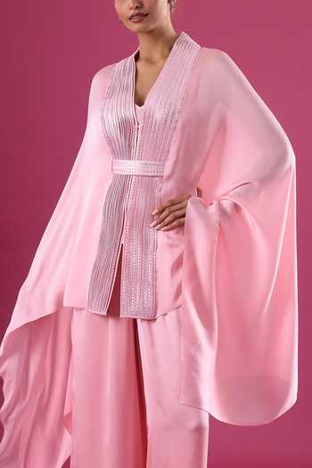 Shop_Amit Aggarwal_Pink Chiffon Placed Embellished Cape Pant Set 