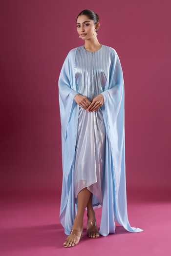 Shop_Amit Aggarwal_Blue Chiffon Round Neck Embellished Layered Cape And Skirt Set _Online_at_Aza_Fashions