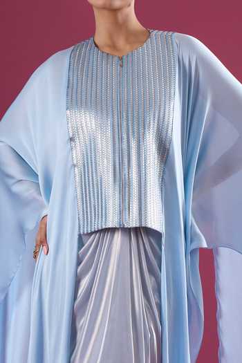 Amit Aggarwal_Blue Chiffon Round Neck Embellished Layered Cape And Skirt Set _at_Aza_Fashions
