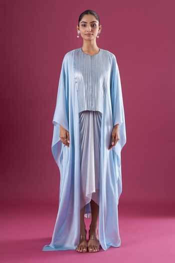 Buy_Amit Aggarwal_Blue Chiffon Round Neck Embellished Layered Cape And Skirt Set 