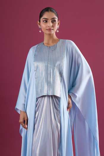 Shop_Amit Aggarwal_Blue Chiffon Round Neck Embellished Layered Cape And Skirt Set 