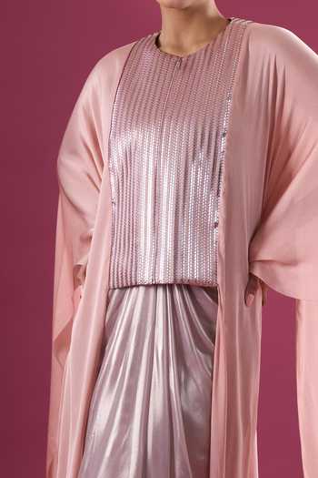 Shop_Amit Aggarwal_Pink Chiffon Sequin Cape And Skirt Set _Online_at_Aza_Fashions