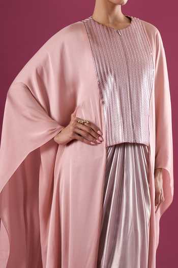 Amit Aggarwal_Pink Chiffon Sequin Cape And Skirt Set _at_Aza_Fashions