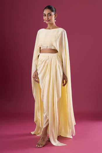 Amit Aggarwal_Yellow Chiffon Asymmetric Cape And Skirt Set _Online_at_Aza_Fashions