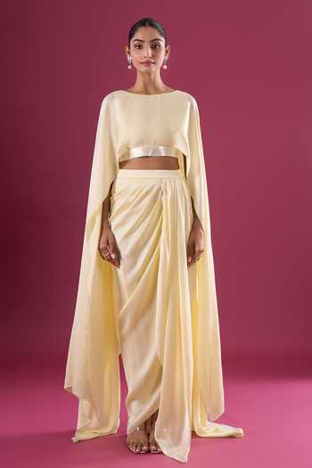 Buy_Amit Aggarwal_Yellow Chiffon Asymmetric Cape And Skirt Set _Online_at_Aza_Fashions