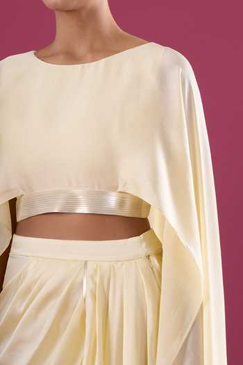Amit Aggarwal_Yellow Chiffon Asymmetric Cape And Skirt Set _at_Aza_Fashions