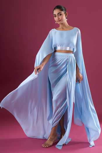 Amit Aggarwal_Blue Chiffon Asymmetric Cape And Skirt Set _Online_at_Aza_Fashions