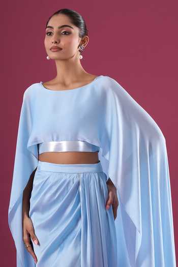 Buy_Amit Aggarwal_Blue Chiffon Asymmetric Cape And Skirt Set _Online_at_Aza_Fashions