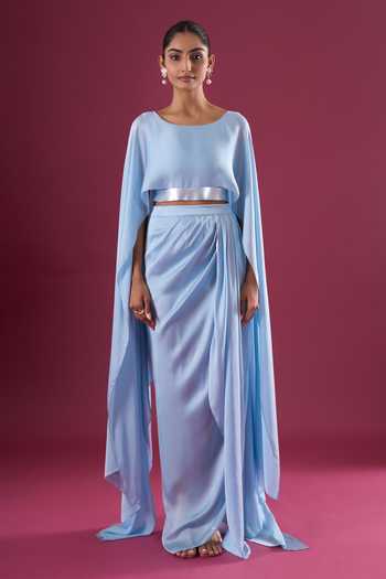 Shop_Amit Aggarwal_Blue Chiffon Asymmetric Cape And Skirt Set _Online_at_Aza_Fashions