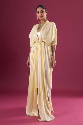 Buy_Amit Aggarwal_Yellow Chiffon Shawl Neck Pleated Draped Maxi Dress _Online_at_Aza_Fashions