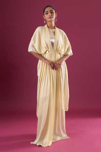Amit Aggarwal_Yellow Chiffon Shawl Neck Pleated Draped Maxi Dress _at_Aza_Fashions