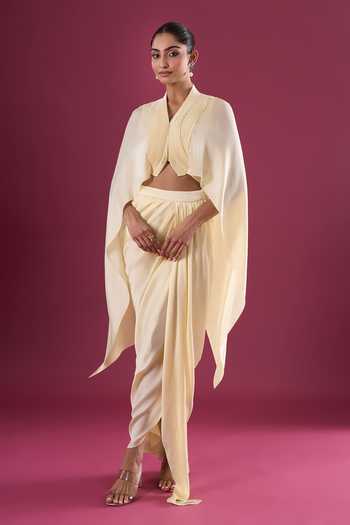 Amit Aggarwal_Yellow Chiffon Shawl Neck Asymmetric Cape And Skirt Set _Online_at_Aza_Fashions