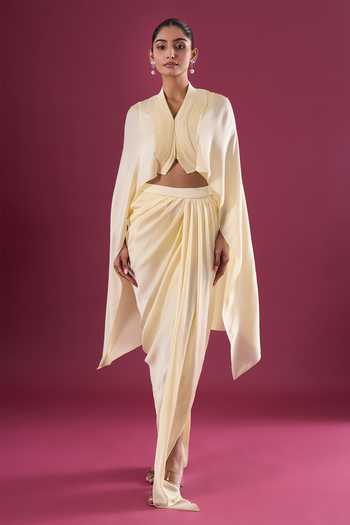 Buy_Amit Aggarwal_Yellow Chiffon Shawl Neck Asymmetric Cape And Skirt Set _Online_at_Aza_Fashions