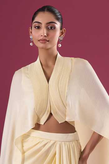 Shop_Amit Aggarwal_Yellow Chiffon Shawl Neck Asymmetric Cape And Skirt Set _Online_at_Aza_Fashions