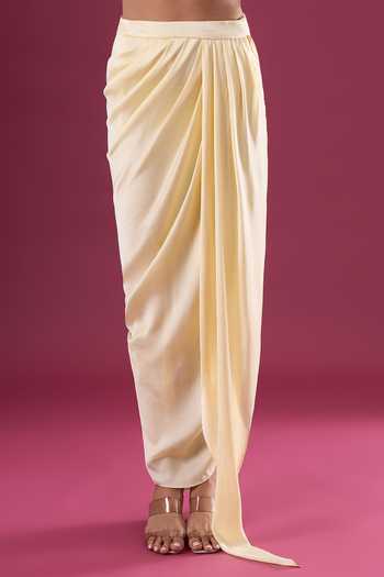 Amit Aggarwal_Yellow Chiffon Shawl Neck Asymmetric Cape And Skirt Set _at_Aza_Fashions