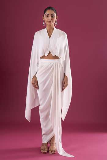 Amit Aggarwal_Ivory Chiffon V-neck Asymmeric Cape And Skirt Set _Online_at_Aza_Fashions