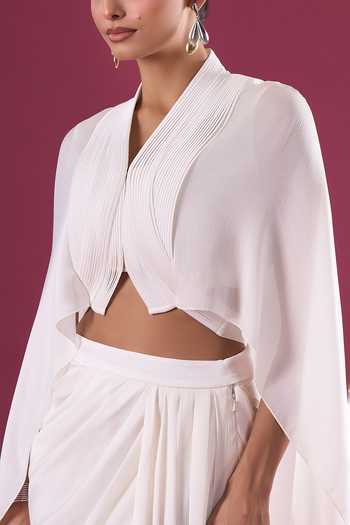 Amit Aggarwal_Ivory Chiffon V-neck Asymmeric Cape And Skirt Set _at_Aza_Fashions