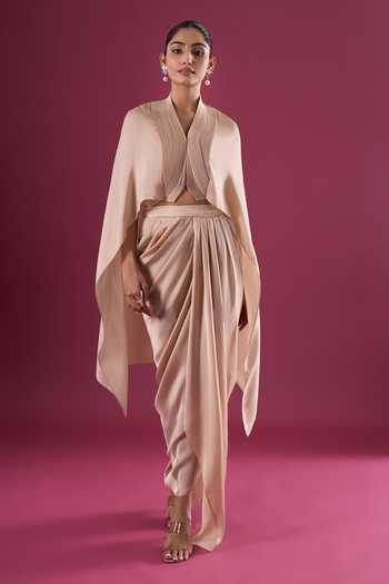 Amit Aggarwal_Beige Chiffon Shawl Neck Draped Cape And Skirt Set _Online_at_Aza_Fashions