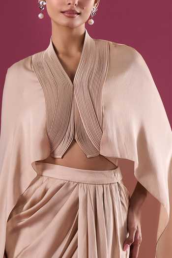 Buy_Amit Aggarwal_Beige Chiffon Shawl Neck Draped Cape And Skirt Set _Online_at_Aza_Fashions