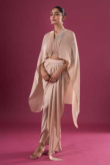 Shop_Amit Aggarwal_Beige Chiffon Shawl Neck Draped Cape And Skirt Set _Online_at_Aza_Fashions