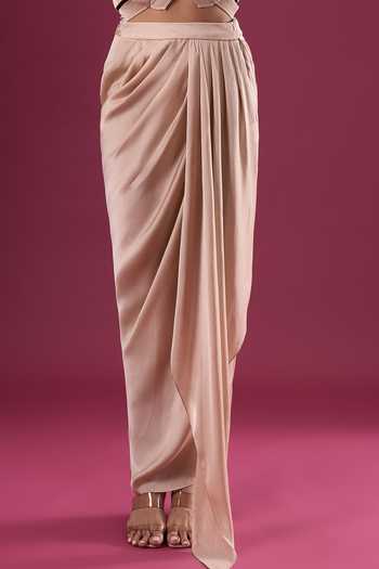Amit Aggarwal_Beige Chiffon Shawl Neck Draped Cape And Skirt Set _at_Aza_Fashions
