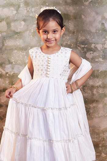 Chotibuti_White Cotton Embroidery Anarkali And Dupatta Set _Online_at_Aza_Fashions