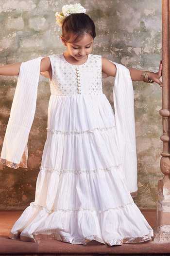 Shop_Chotibuti_White Cotton Embroidery Anarkali And Dupatta Set _Online_at_Aza_Fashions