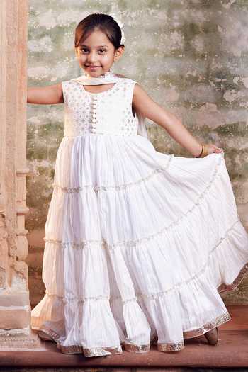 Chotibuti_White Cotton Embroidery Anarkali And Dupatta Set _at_Aza_Fashions