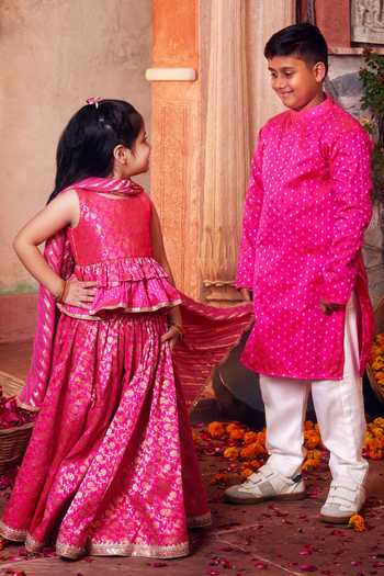 Shop_Chotibuti_Pink Silk Banarasi Kurta And Pyjama Set _Online_at_Aza_Fashions