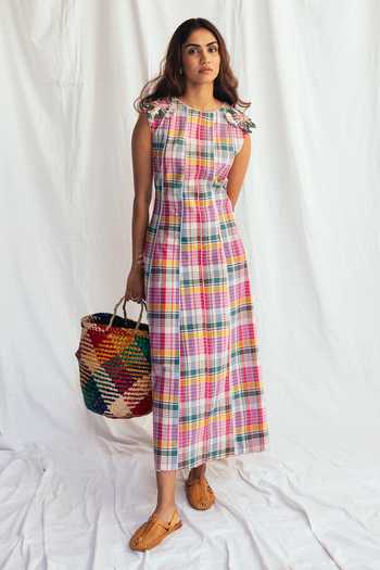 Jodi Multi Color Chanderi Applique Round Neck Sherbet Panel Dress Online at Aza Fashions Jodi_Multi Color Chanderi Applique Round Neck Sherbet Panel Dress _Online_at_Aza_Fashions