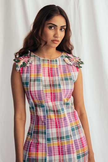 Buy Jodi Multi Color Chanderi Applique Round Neck Sherbet Panel Dress Online at Aza Fashions Buy_Jodi_Multi Color Chanderi Applique Round Neck Sherbet Panel Dress _Online_at_Aza_Fashions