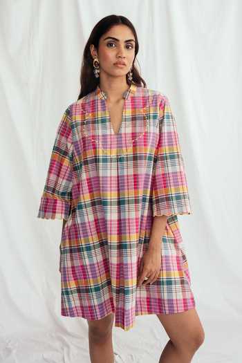 Jodi Multi Color Chanderi Embroidery Split V-neck Sherbet Shift Dress Online at Aza Fashions Jodi_Multi Color Chanderi Embroidery Split V-neck Sherbet Shift Dress _Online_at_Aza_Fashions