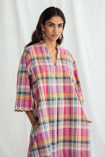 Buy Jodi Multi Color Chanderi Embroidery Split V-neck Sherbet Shift Dress Online at Aza Fashions Buy_Jodi_Multi Color Chanderi Embroidery Split V-neck Sherbet Shift Dress _Online_at_Aza_Fashions