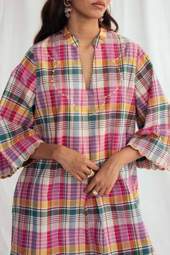 Jodi Multi Color Chanderi Embroidery Split V-neck Sherbet Shift Dress at Aza Fashions Jodi_Multi Color Chanderi Embroidery Split V-neck Sherbet Shift Dress _at_Aza_Fashions
