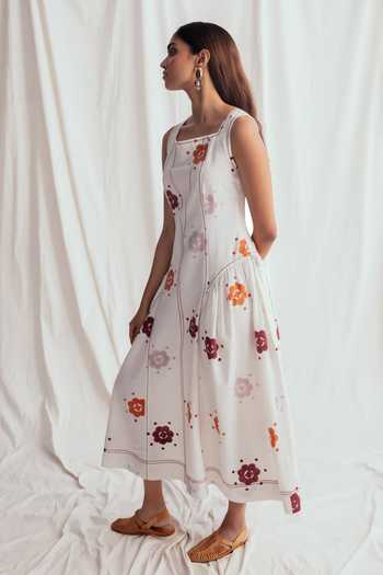 Jodi_White Cotton, Poplin Square Neck Thandai Day Floral Pattern Dress _Online_at_Aza_Fashions