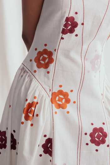 Shop_Jodi_White Cotton, Poplin Square Neck Thandai Day Floral Pattern Dress _Online_at_Aza_Fashions