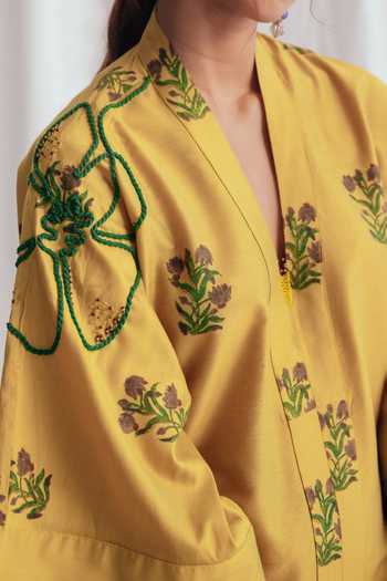 Shop_Jodi_Yellow Cotton Embroidery V-neck Nimbu Floral Dress _Online_at_Aza_Fashions