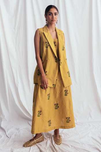 Buy_Jodi_Yellow Cotton Notched Neck Nimbu Floral Print Jacket _Online_at_Aza_Fashions