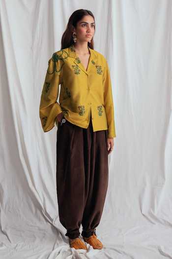 Jodi_Yellow Cotton Embroidery Collared Nimbu Floral Print Shirt _Online_at_Aza_Fashions